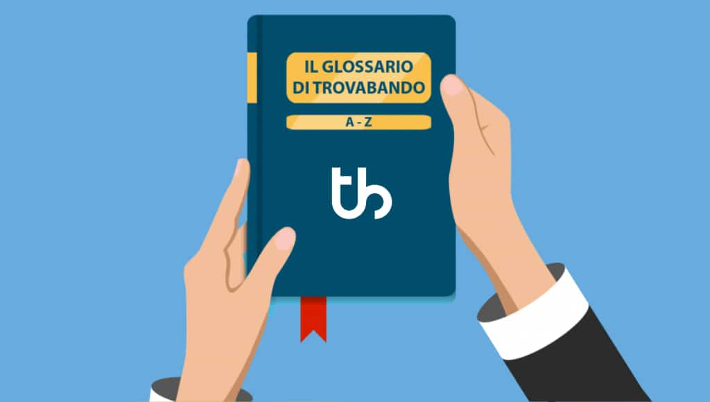 due mani che tengono un vocabolario con la scritta il glossario di trovabando e il logo finanziamenti agevolati