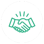 Un'icona di stretta di mano verde su sfondo bianco, che rappresenta la crescita e la collaborazione aziendale.